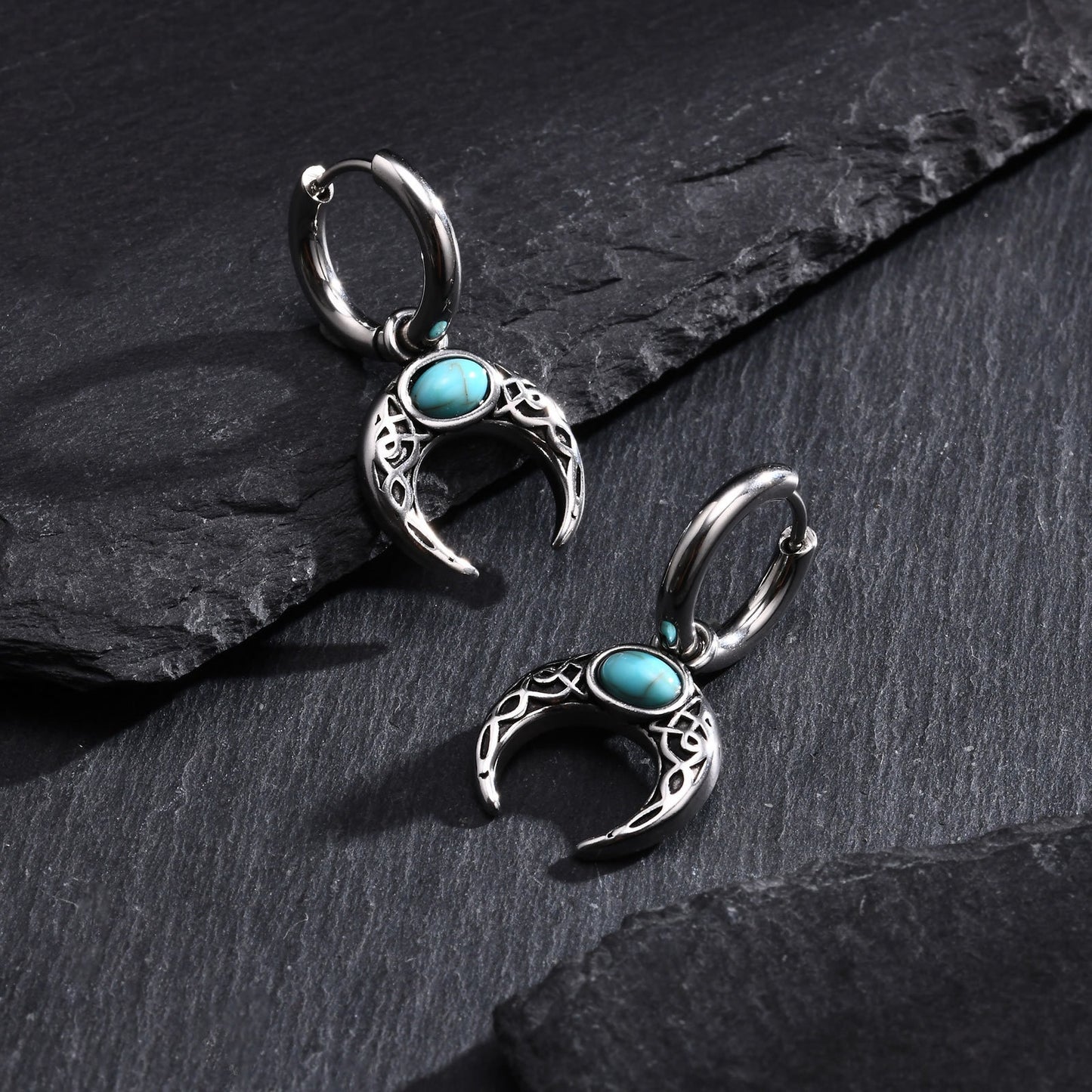Kemstone Retro Turquoise Moon Men's Earrings - Stainless Steel Hip-Hop Statement Jewelry ED767