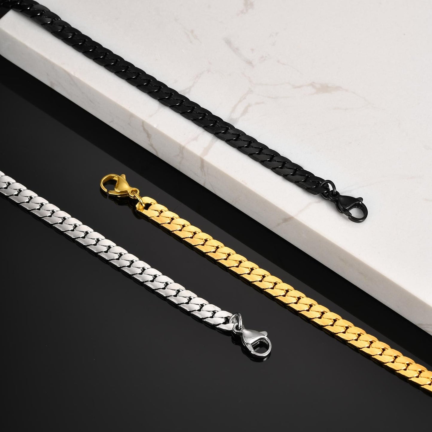 Kemstone Stainless Steel Flat NK Chain Bracelet – Men’s Jewelry Silver Gold Black BR-1938