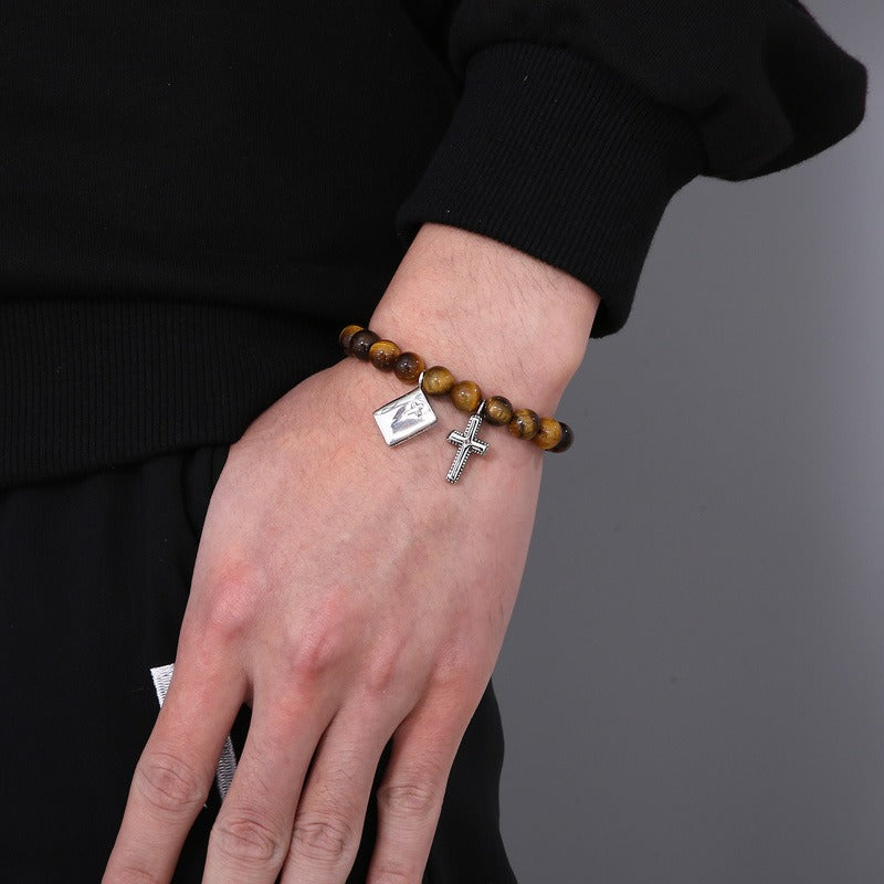 Kemstone Black Onyx Beaded Bracelet – CZ Crown, Freemason Cross & Tiger Eye Accent for Men’s Gothic Streetwear KB69789-BD