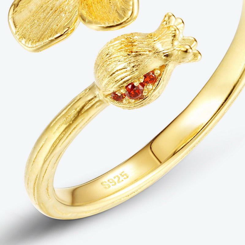 Kemstone Pomegranate Flower Ring – Adjustable 925 Silver 10K Gold Plated Handmade Floral Jewelry for Women