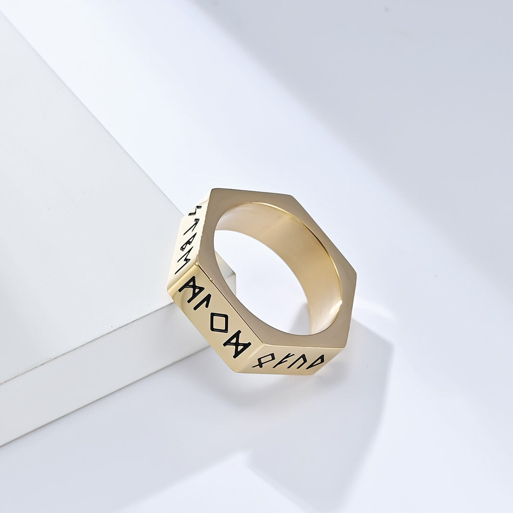 Kemstone Titanium Steel Rune Ring – Nordic Viking Hex Nut Design K-R703
