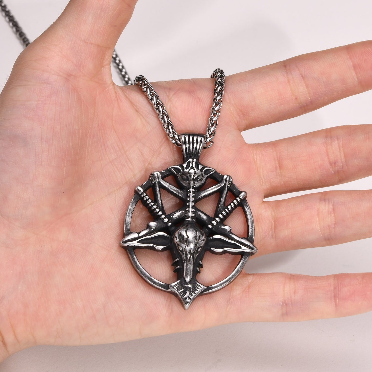 Kemstone Satanic Goat Head Pendant – Stainless Steel Gothic Pentagram Necklace PN-1266