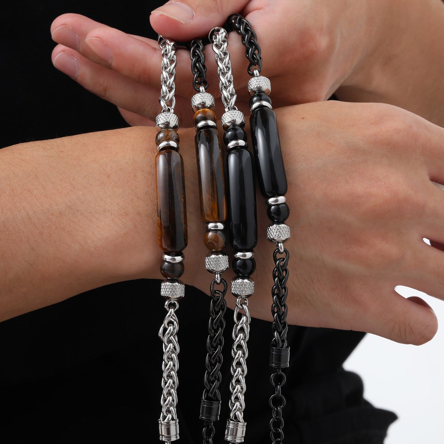 Kemstone Men’s Stainless Steel Beaded Chain Bracelet – Tiger Eye & Black Onyx, Gothic Norse Street Style BR-1716