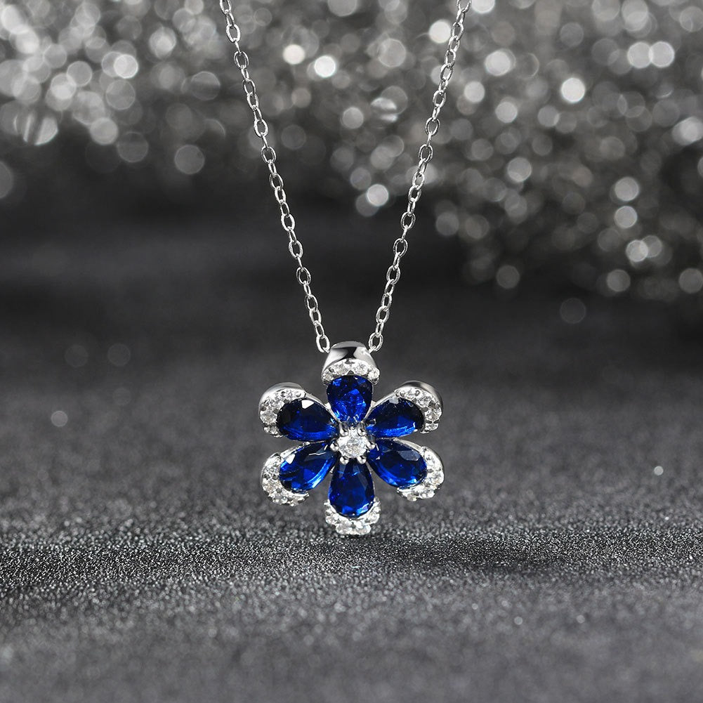 Kemstone Blue Flower Pendant Necklace for Women 925 Sterling Silver Cubic Zirconia Accent LZN17