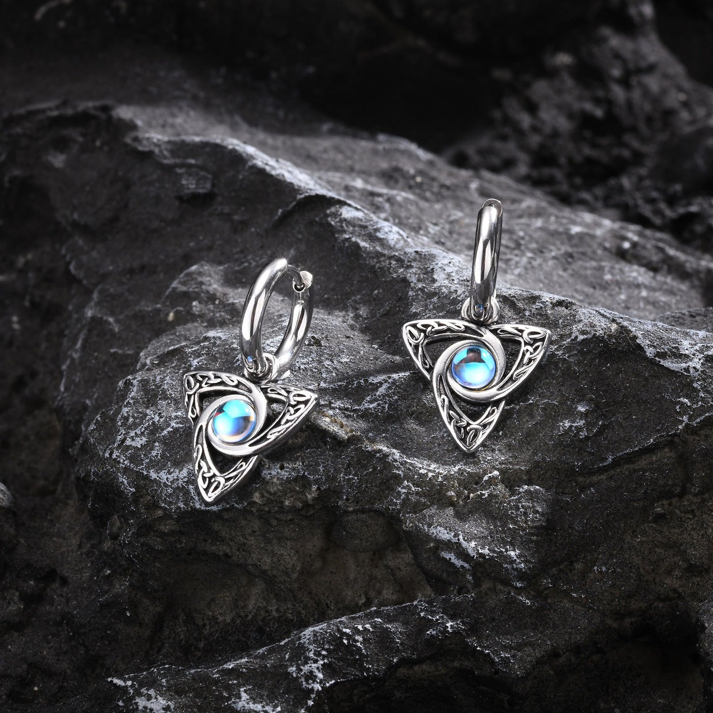Kemstone Celtic Stainless Steel Moonstone Hoop Earring for Men – Gothic Star & Triquetra Drop Design 769
