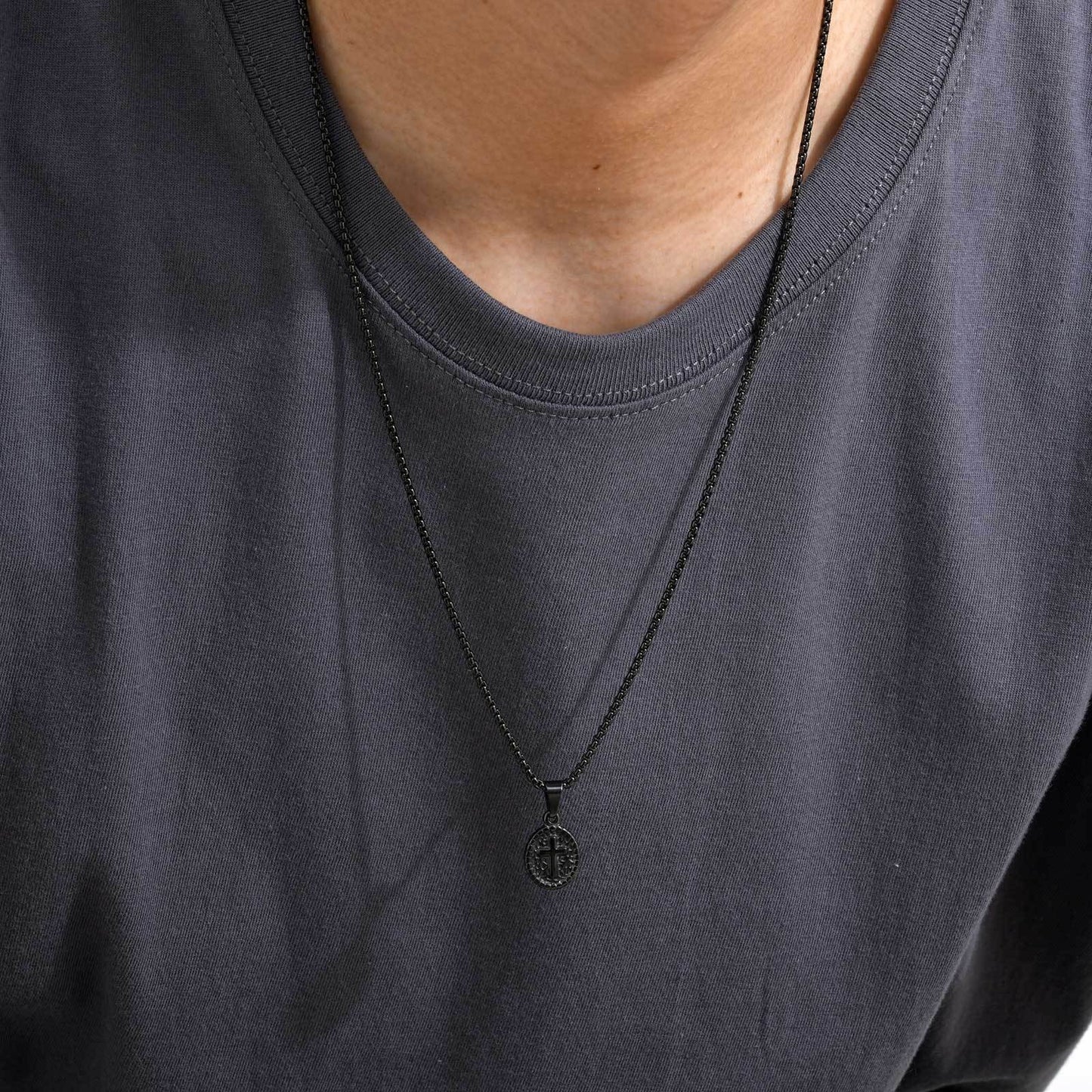 Kemstone Men’s Stainless Steel Cross Oval Pendant Necklace – Silver Black PN-2182