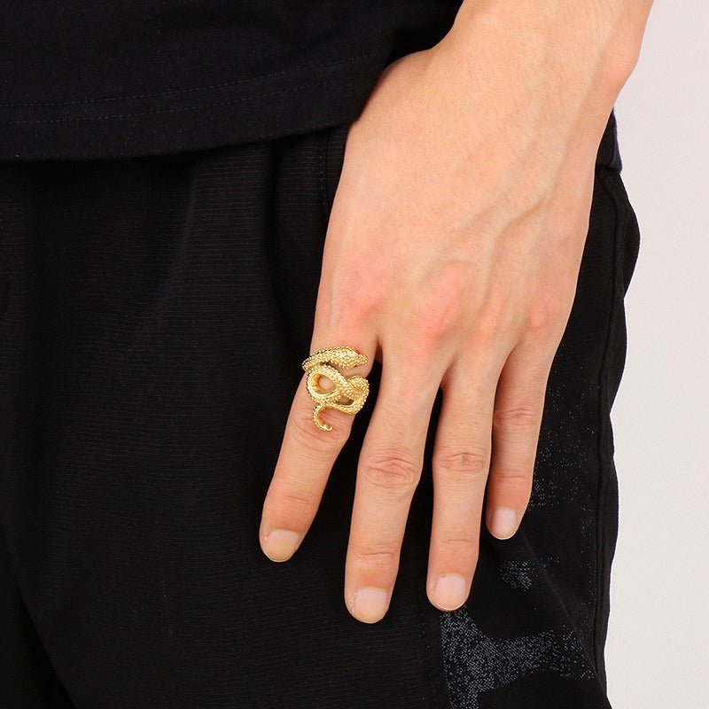 Kemstone Serpentine Titanium Steel Ring - Coiled Snake Design with Ruby Eyes, Vintage Gothic Jewelry for Men KR105952