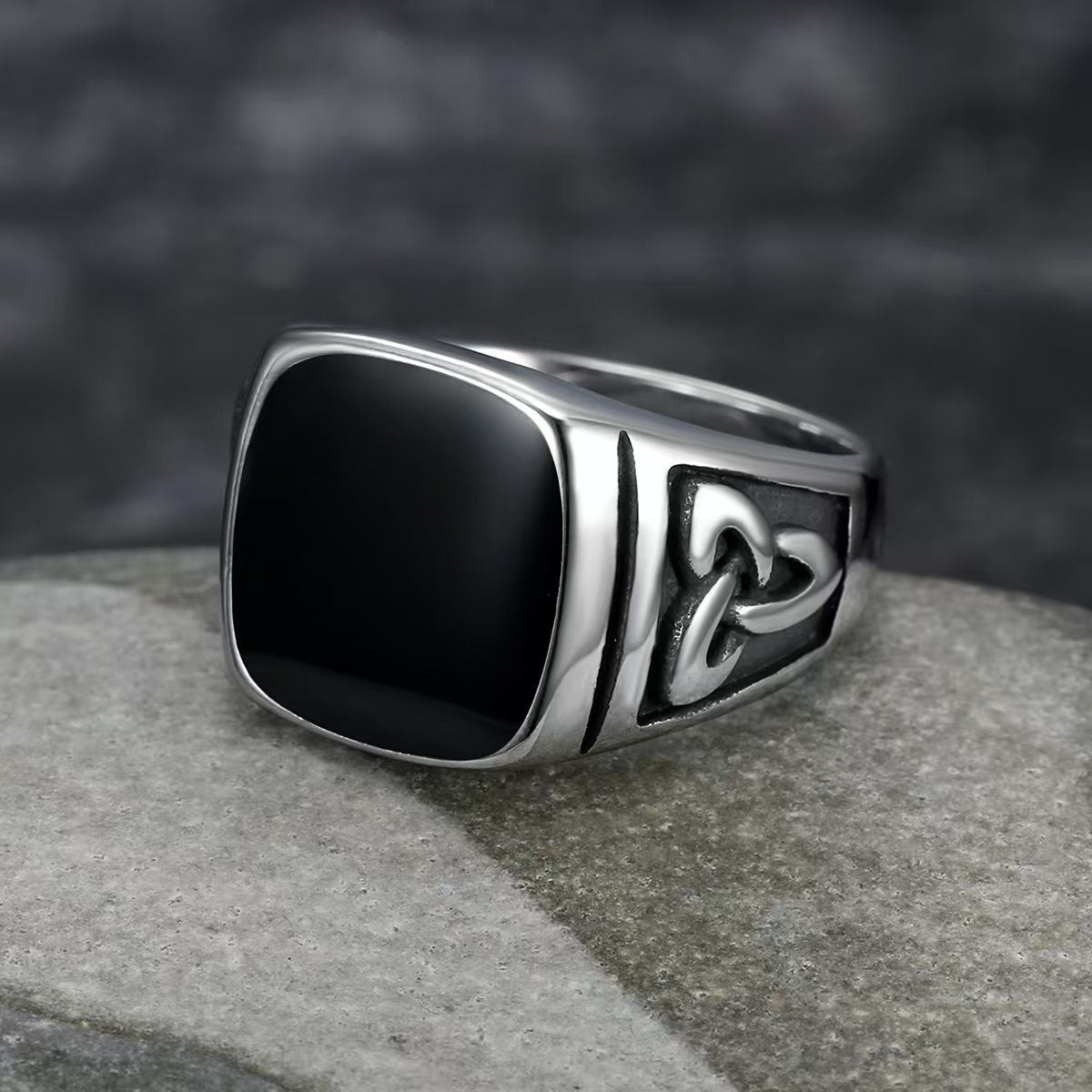 Kemstone Stainless Steel Vintage Totem Triangle Signet Ring for Men, Silver Black Enamel TR0508