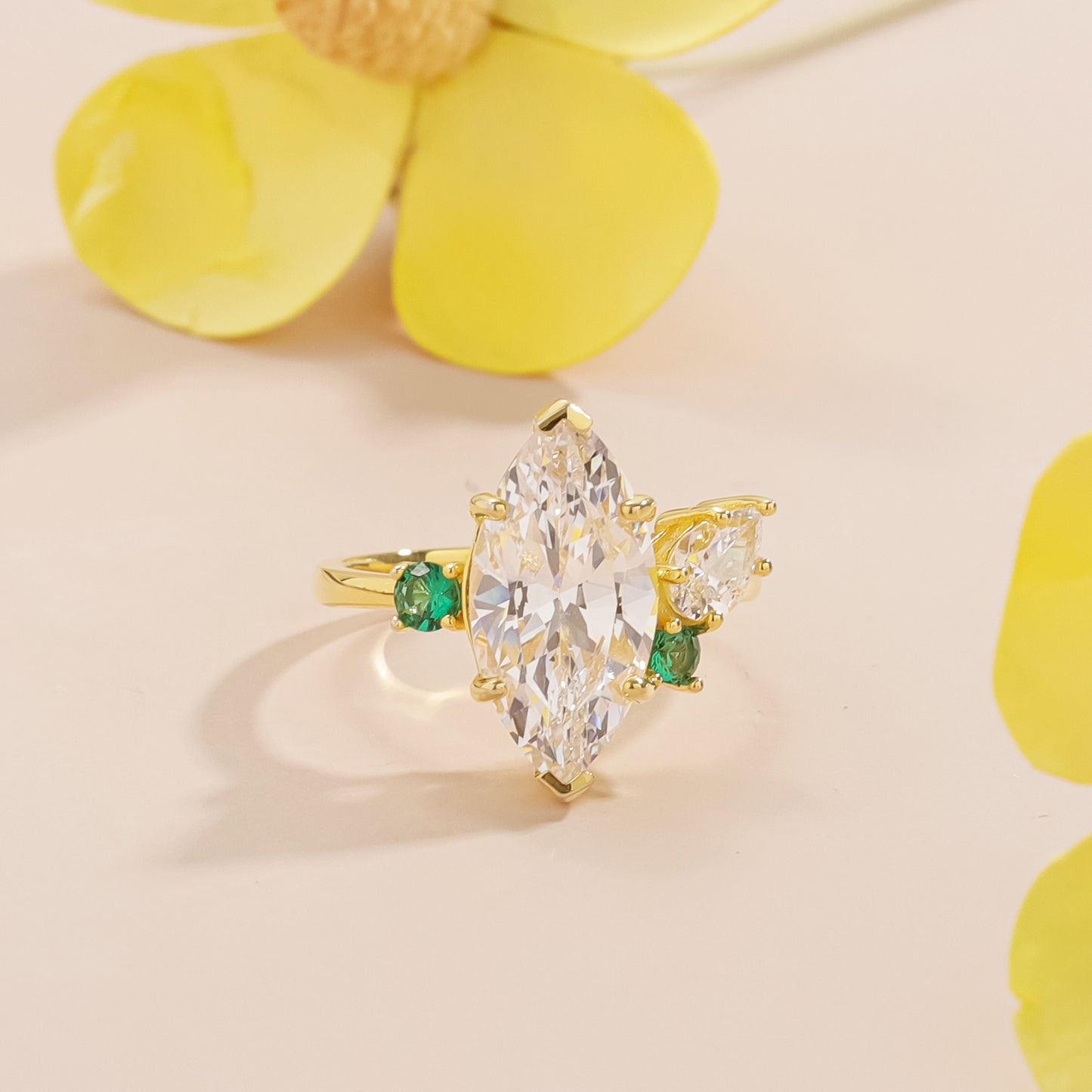 Kemstone 3-Carat Marquise Moissanite Ring – Asymmetric Design, 925 Sterling Silver Gold Plated T7-OL1143R