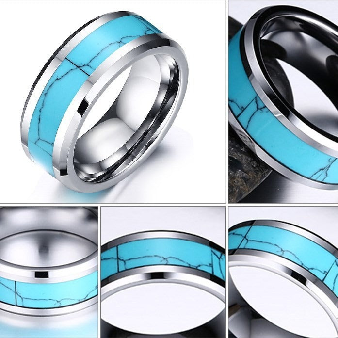 Kemstone Men’s Turquoise Inlay Tungsten Carbide Flat-Edge Ring TCR-023