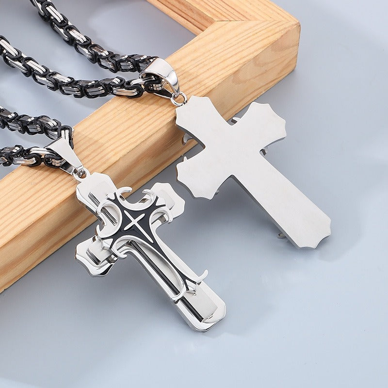 Kemstone Triple-Layer Gothic Cross Pendant Necklace – Stainless Steel Byzantine Chain KP78915
