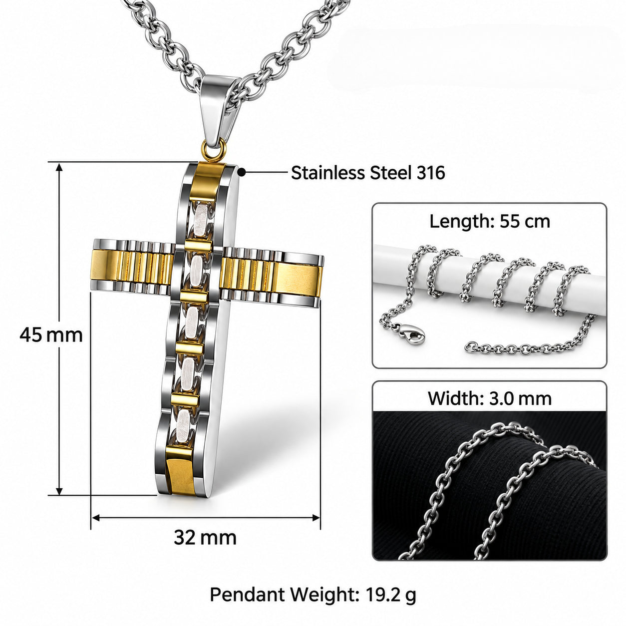 Kemstone Two Tone Cross Pendant Necklace for Men Stainless Steel Vintage TN0129