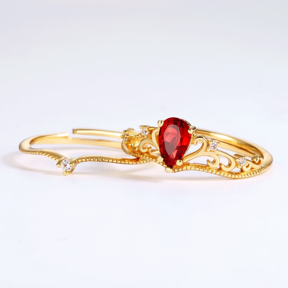 Anillo de corona de granate vintage, chapado en oro de 14 quilates, hecho a mano por Kemstone. Diseño original para mujer.