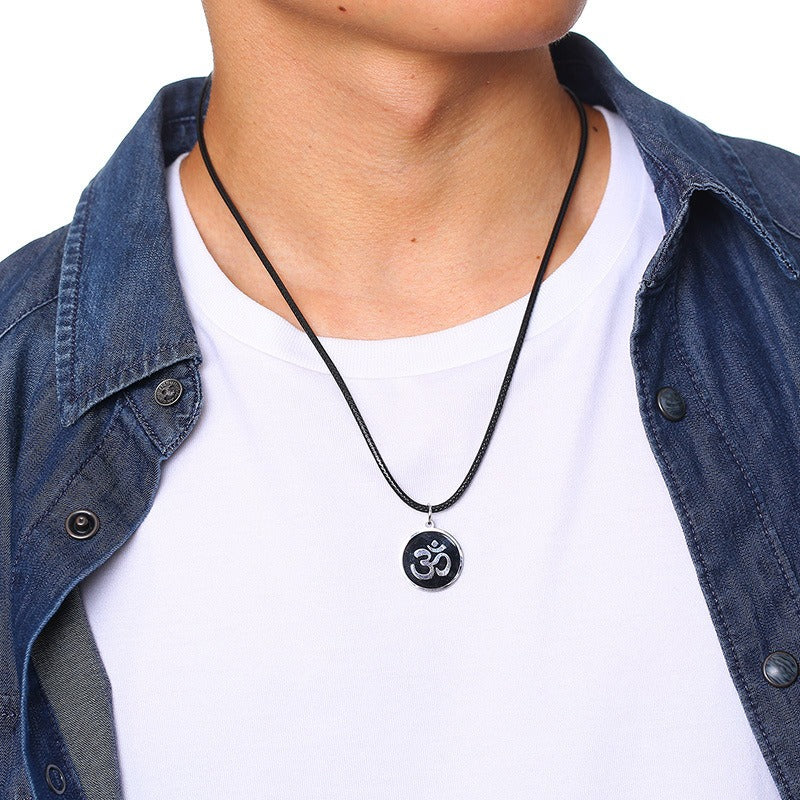 Black Om Symbol Pendant Necklace for Men – Stainless Steel Round Medallion on Leather Cord PN-1287