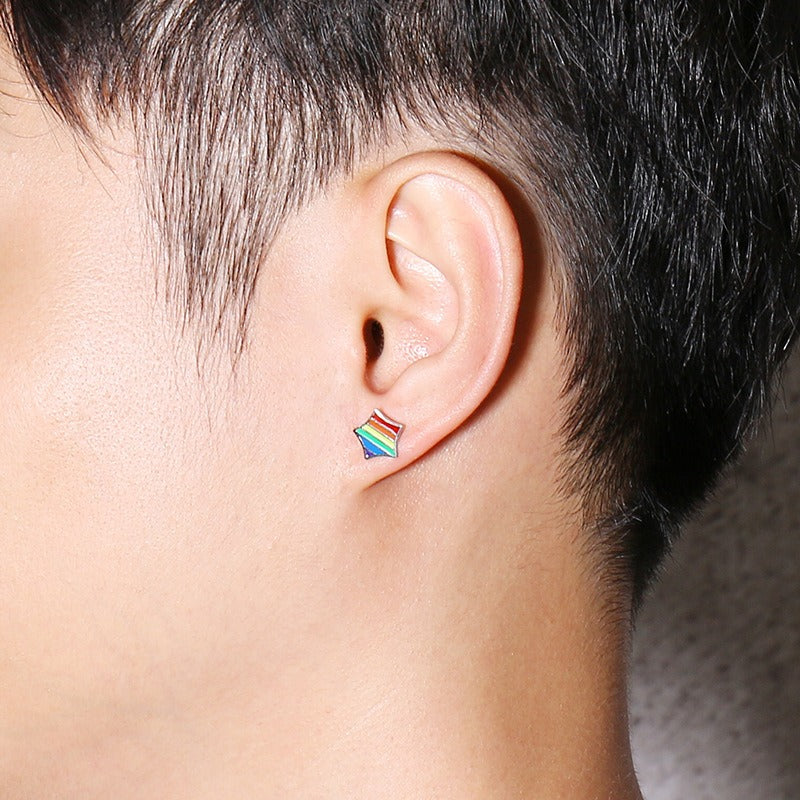 Stainless Steel Triangle Stud Earrings – Enamel Rainbow Edge for Men PE-003