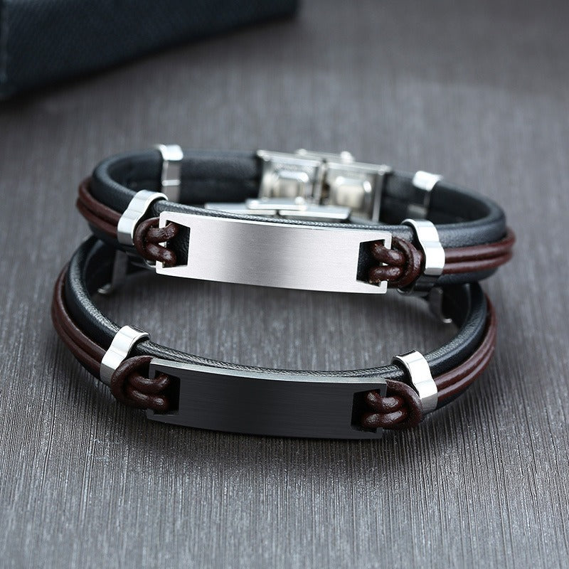 Men's Black Leather Bracelet with Matte Stainless Steel Plate – Gothic Street Power Style BL-344