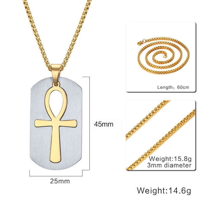 Collar con colgante de símbolo de vida Ankh de acero y titanio Kemstone - Diseño geométrico, joyería duradera para hombre PN-623
