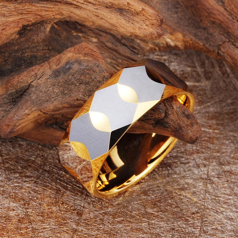 Kemstone Tungsten Geometric Ring for Men & Women – 9mm Faceted Armor Band Dual Tone KR34306