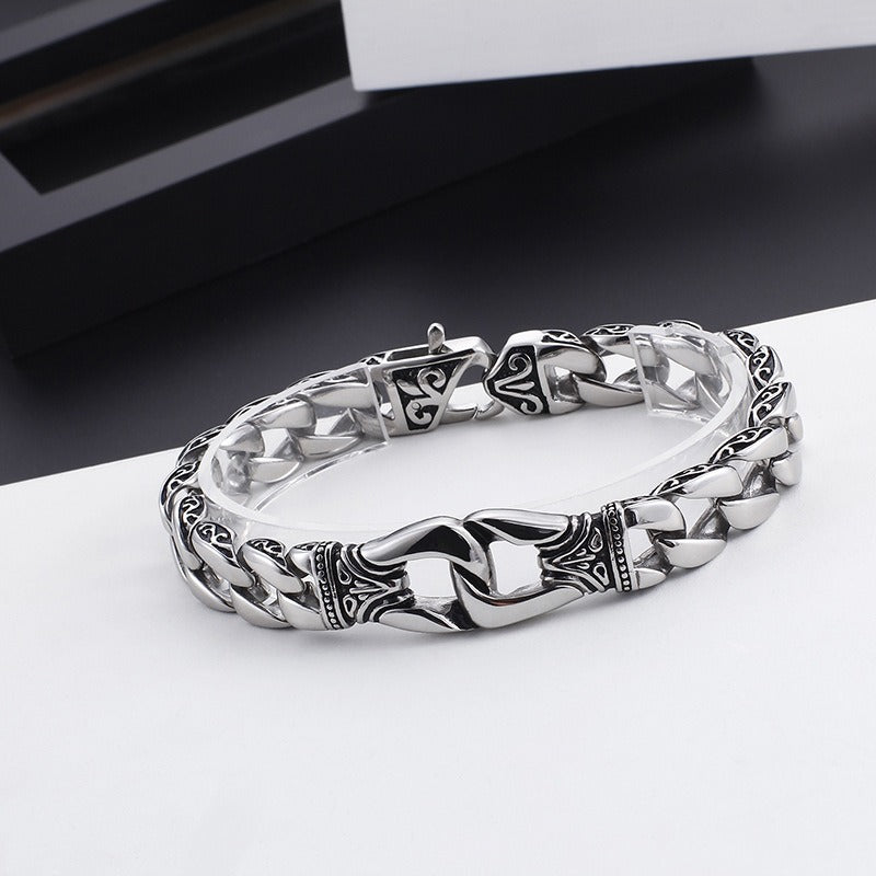 Kemstone Men's Vintage Cuban Chain Bracelet – Engraved Titanium Steel Punk Cuff for Gothic Streetwear KB80116-BD