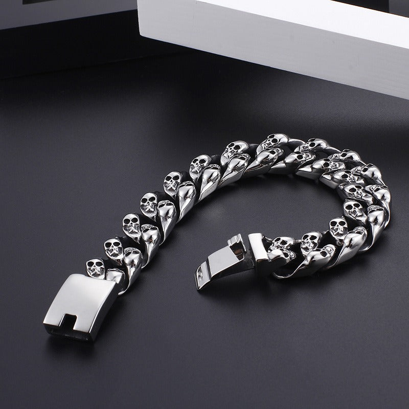 Kemstone Titanium Steel Men's Bracelet - Bold Skull Design with Thick Chain for Edgy Streetwear Style KB80115-BD