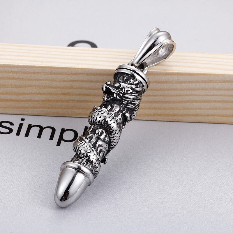 Kemstone Dragon-Wrapped Bullet Pendant – Titanium Steel Necklace for Men, Rugged Norse-Inspired Urban Style KP55643