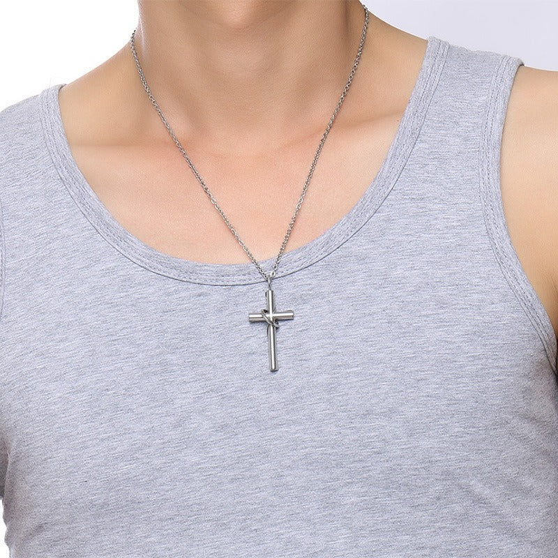 Conjunto de collar con cruz de acero inoxidable – Colgante de pareja con hoja retorcida CN-081