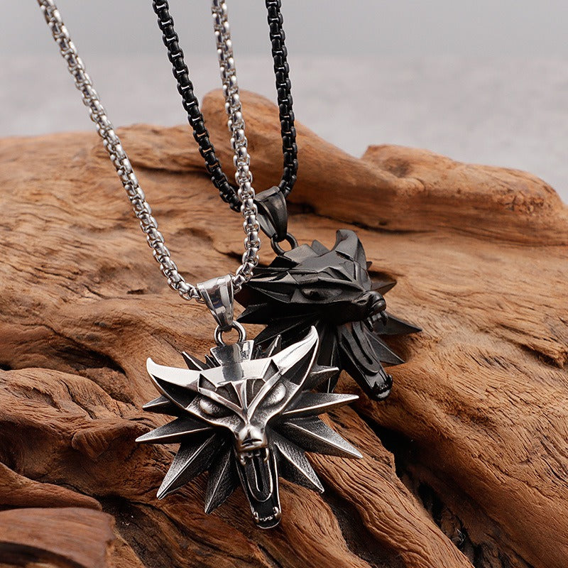 Witcher Wolf Head Pendant Necklace for Men – Gothic Viking Stainless Steel Medallion, Silver/Gold/Black KP59809-K