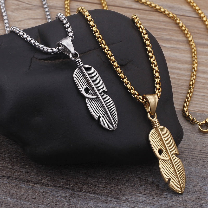 Collar con colgante de pluma Kemstone - Cadena de acero de titanio retro hueca estilo hip hop para hombre, accesorio ligero para ropa urbana KP77755-K