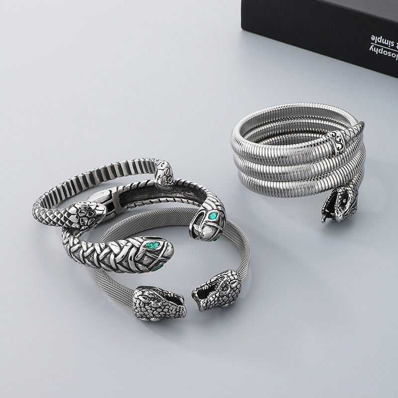 Kemstone Men’s Snake Cuff Bracelet Collection – Punk Norse Stainless Steel Open Bangle Gothic Streetwear KB139904