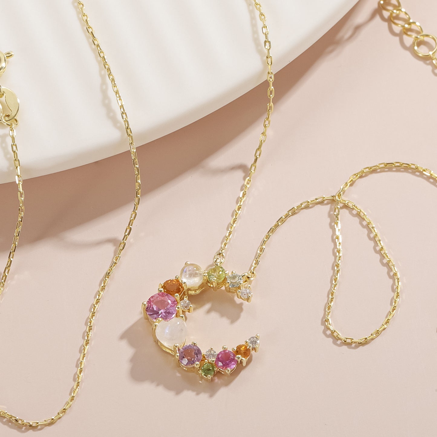 Kemstone Moonlight Sonata Necklace – 925 Sterling Silver Gold-Plated Crescent Pendant with Natural Multicolor Gemstones T7-OL1671NGRM