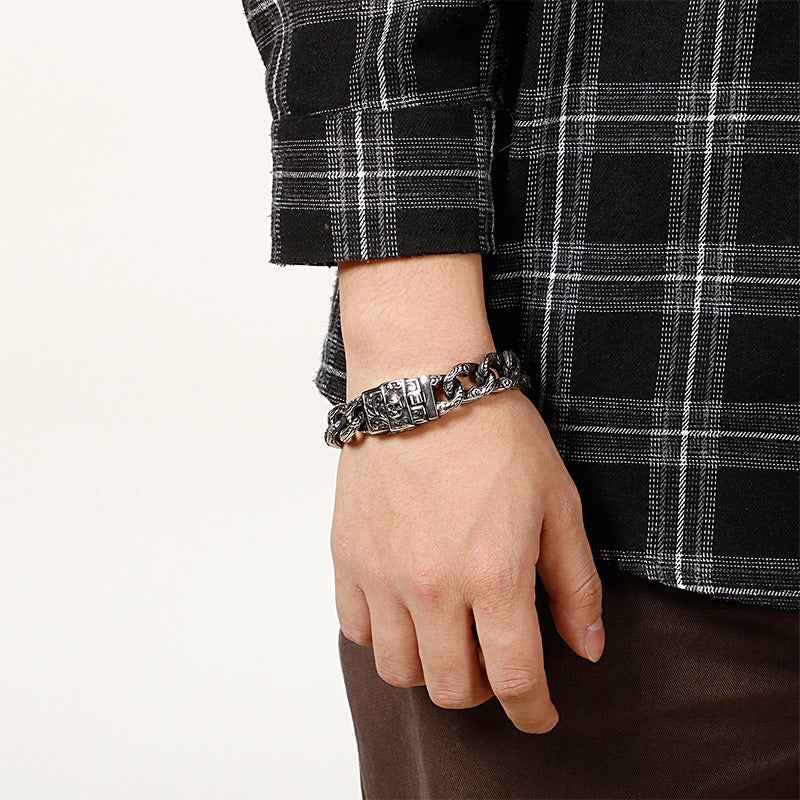 Kemstone Tribal Skeleton Chain Bracelet – Distressed Titanium Steel Men's Gothic Link Jewelry KB121932