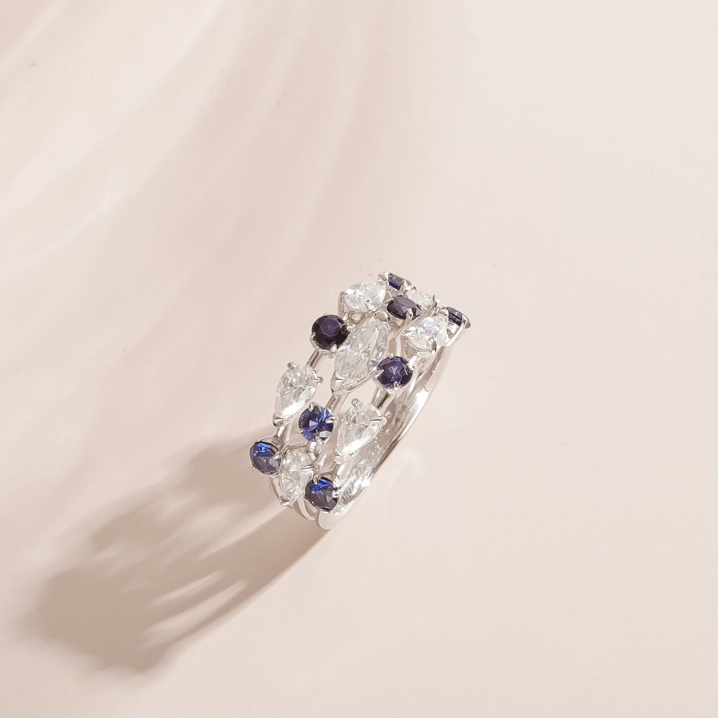 S925 Sterling Silver Ring with Lab-Created Blue Sapphires & Moissanite – Modern Elegance in Motion OL1352RMC