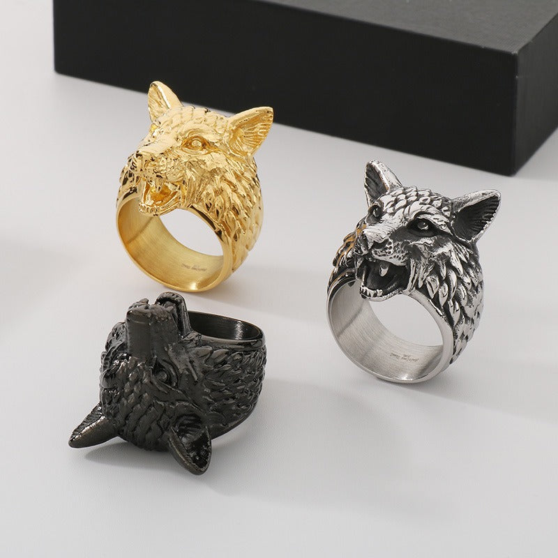 Kemstone Viking Wolf Head Ring – Distressed Stainless Steel Punk Men's Jewelry KR111182-KJX