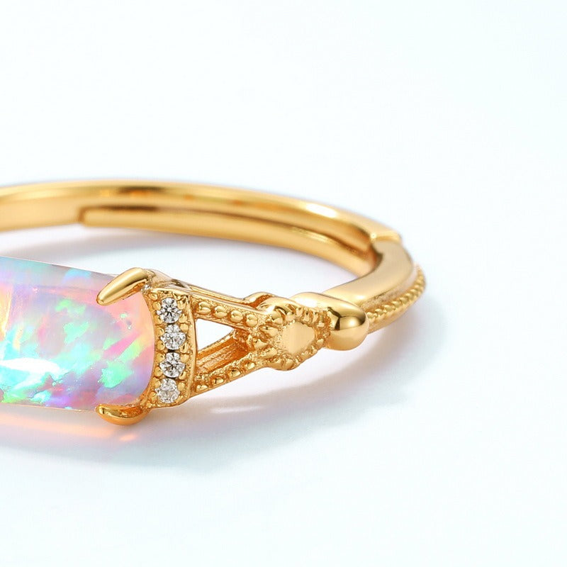 Kemstone Vintage Created Opal Ring – Adjustable Gold Plated S925 Sterling Silver, Women’s Statement Jewelry