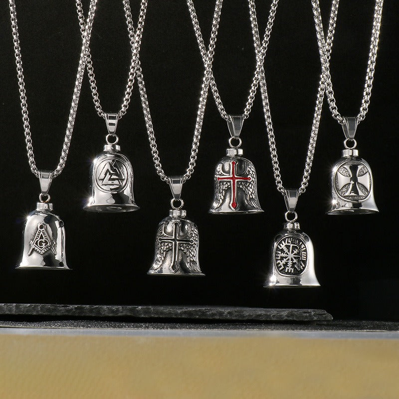 Kemstone Viking Symbol Bell Pendant Necklace for Men – Norse Masonic Cross Stainless Steel Biker Jewelry KP130935