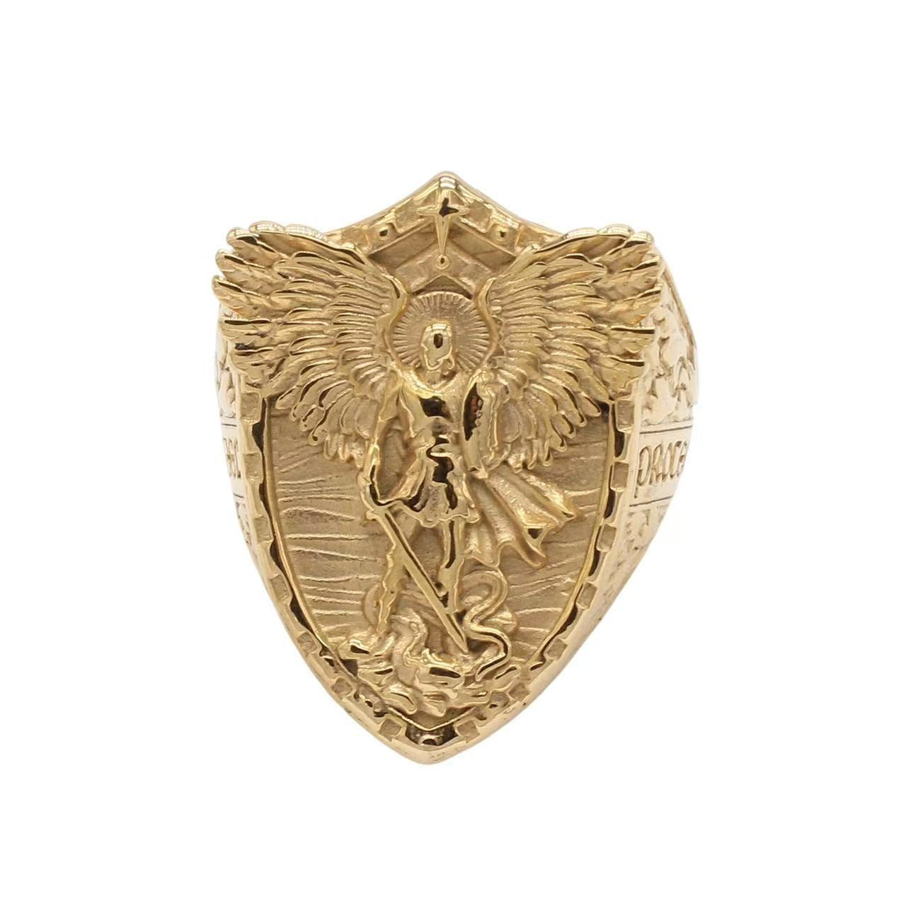 Kemstone Men’s Titanium Steel Angel Wing Ring – Vintage Gold Statement Jewelry A17-R1901