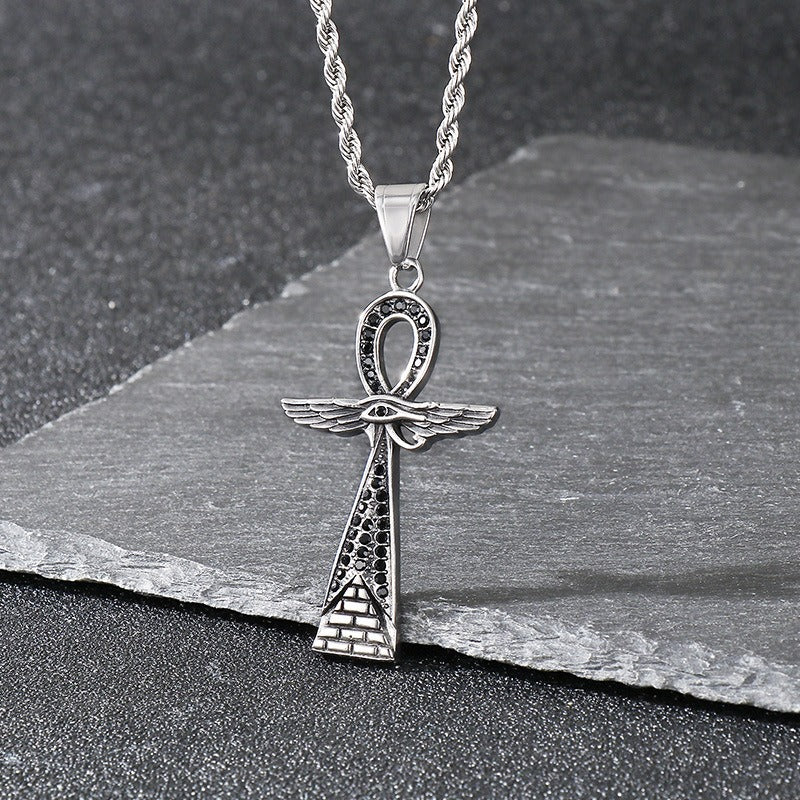 Kemstone Men’s Titanium Steel Trident Cross Necklace – Viking Eye of Horus Pendant, Black Zircon KP116389 60CM