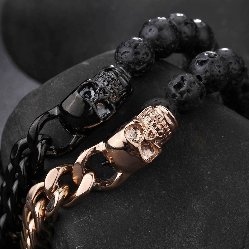 Kemstone Stainless Steel Skull & Volcanic Stone Mala Bracelet – Ethereal Energy Fusion KB66361