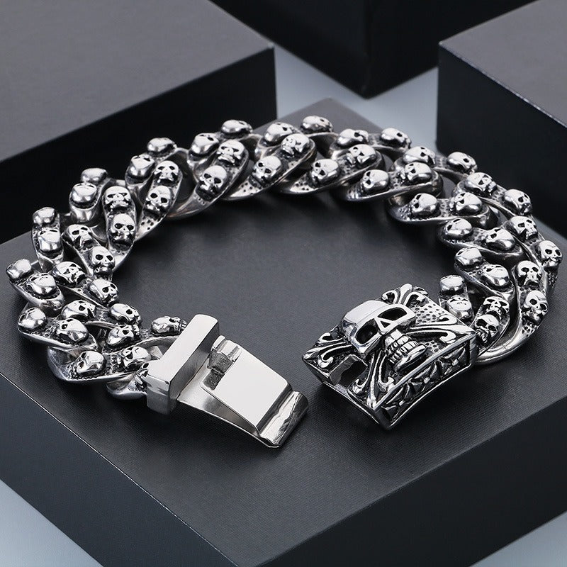 Kemstone Men’s Skull Chain Bracelet – Heavy Stainless Steel Gothic Biker Jewelry KB66291-BD