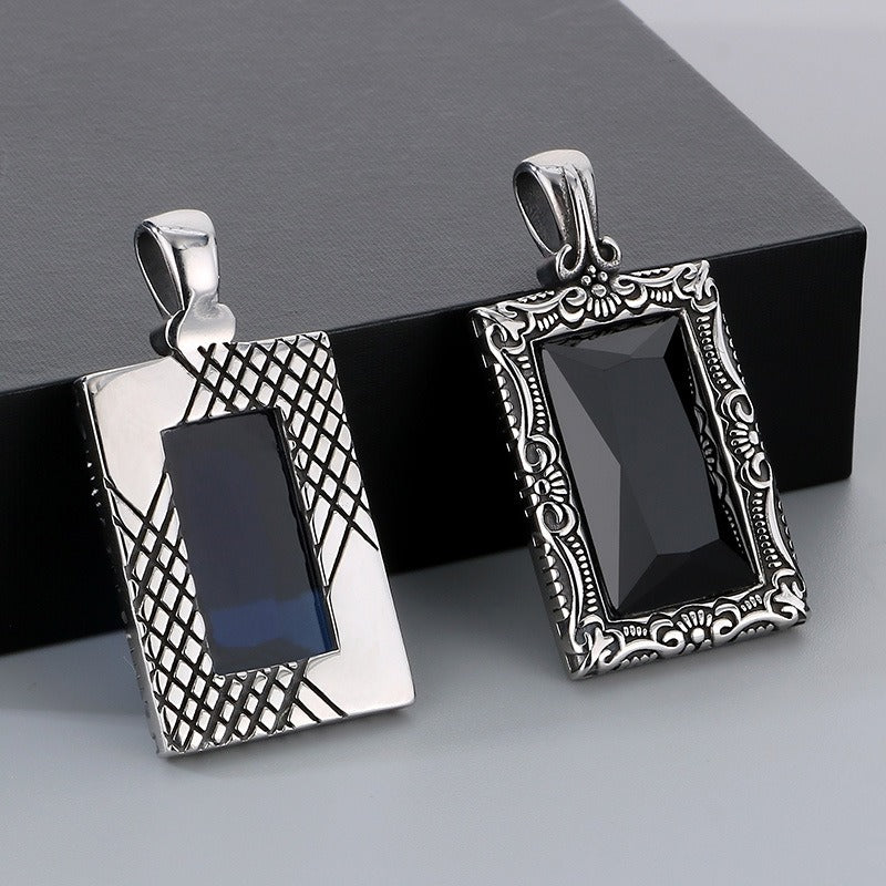 Kemstone Vintage Square Pendant – Titanium Steel Necklace with Scrollwork & Blue-Black Stone | Gothic Street Style for Men KP130520-TGX