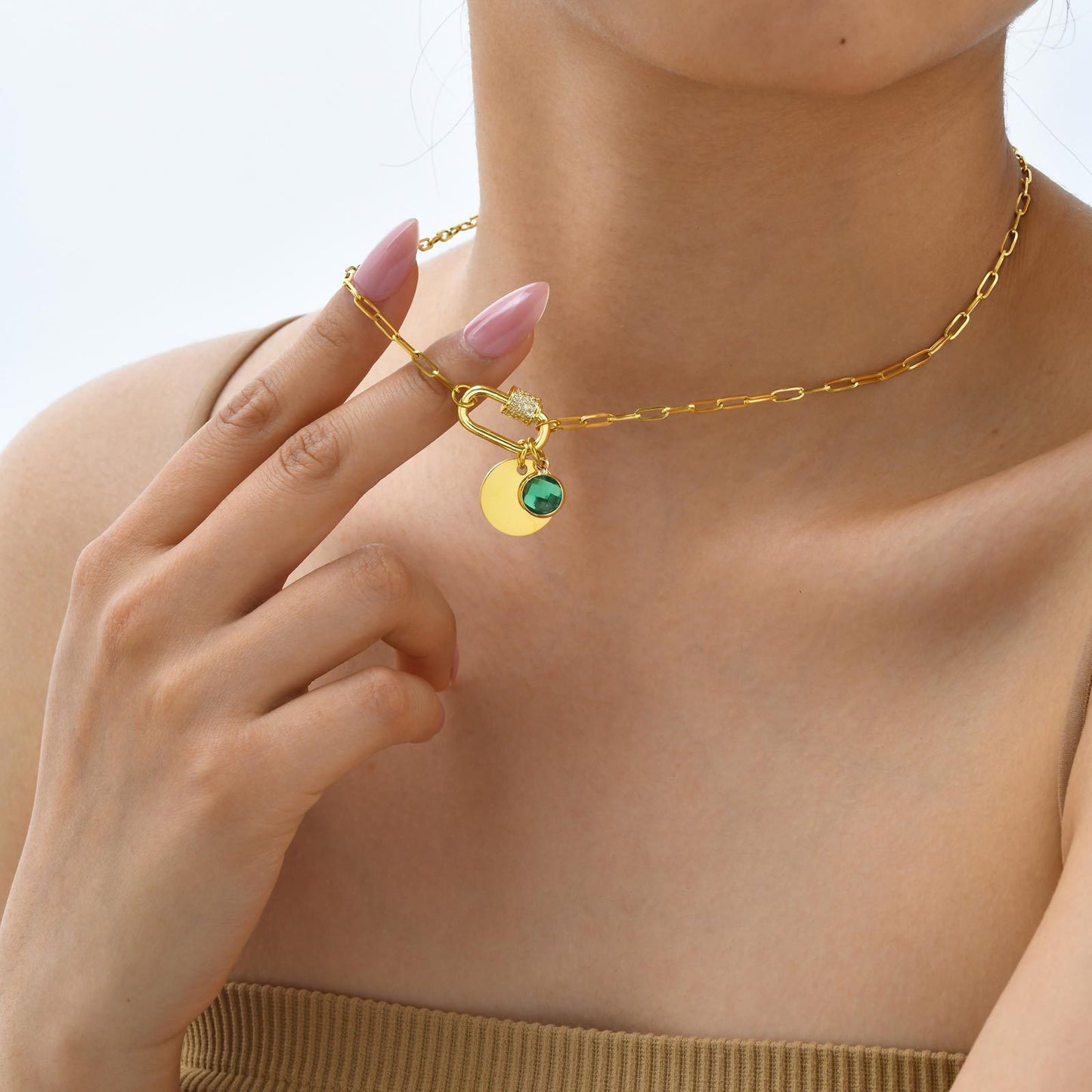 Cadena de eslabones cuadrados de acero inoxidable Kemstone con colgante de piedra de nacimiento del zodíaco - Collar minimalista dorado para mujer NC-2181