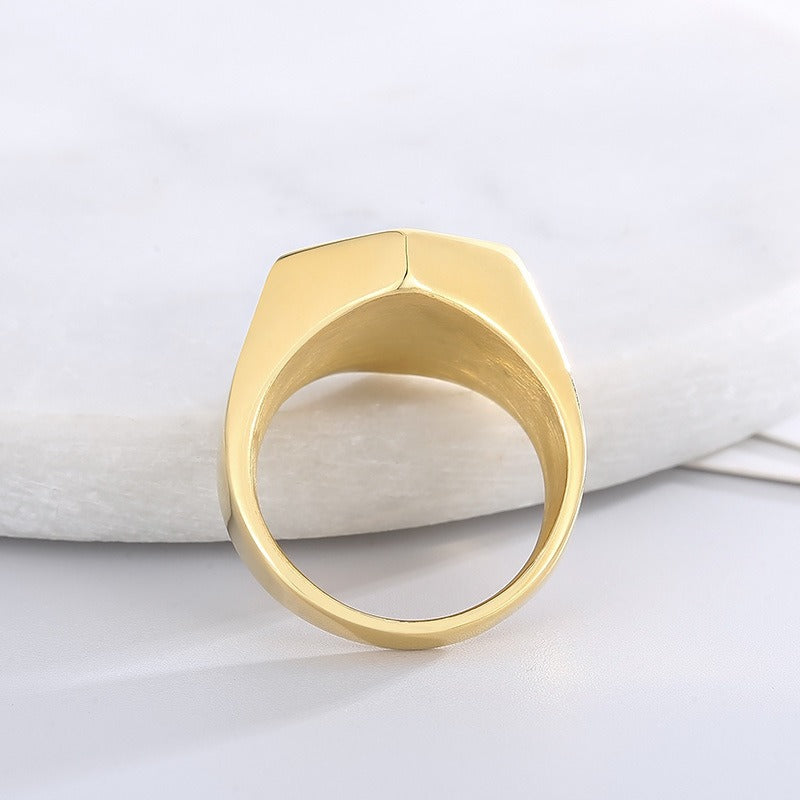 Kemstone Men’s Hexagon Signet Ring – Stainless Steel Black Epoxy Resin Inlay | Gothic Minimalist Jewelry KR105856-KFC