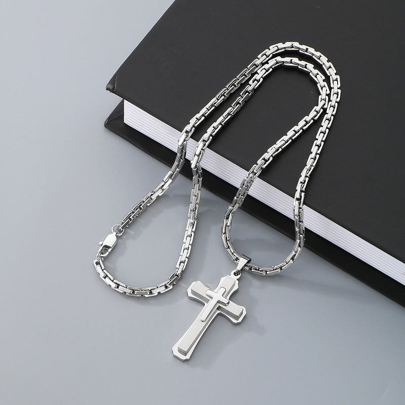 Kemstone Titanium Steel Vintage Bamboo Chain Necklace – Triple Cross Pendant for Men KN288587-K