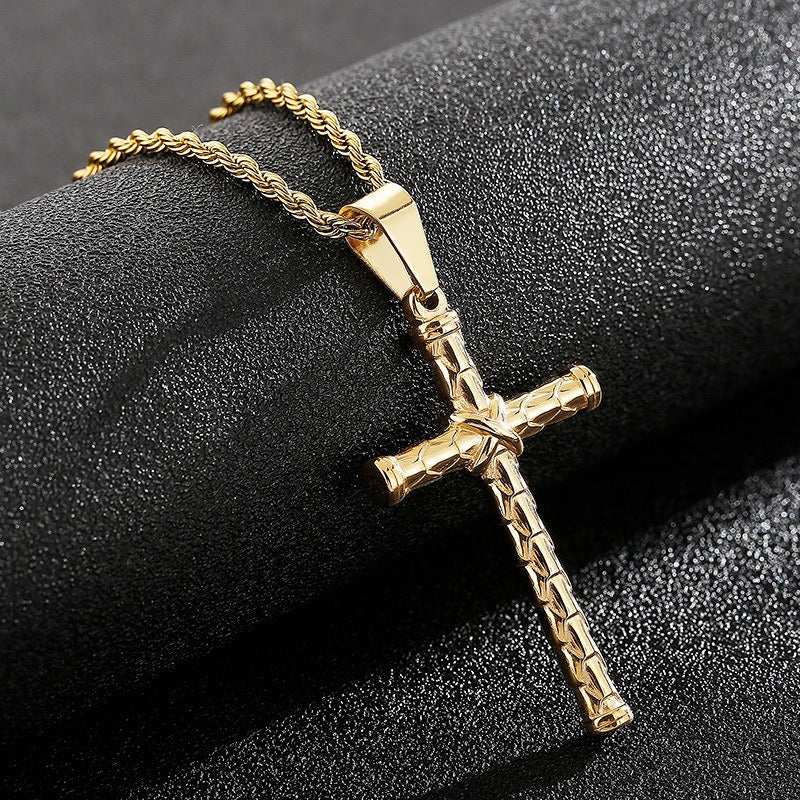Kemstone Twisted Cross Pendant – Retro Titanium Steel Necklace for Men KP81525-K