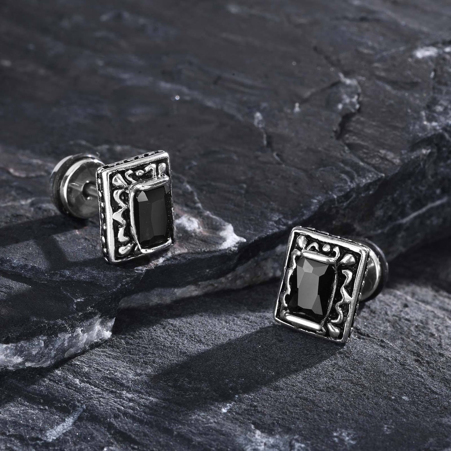Kemstone Matte Black Steel Earrings – Geometric Zircon Studs for Men