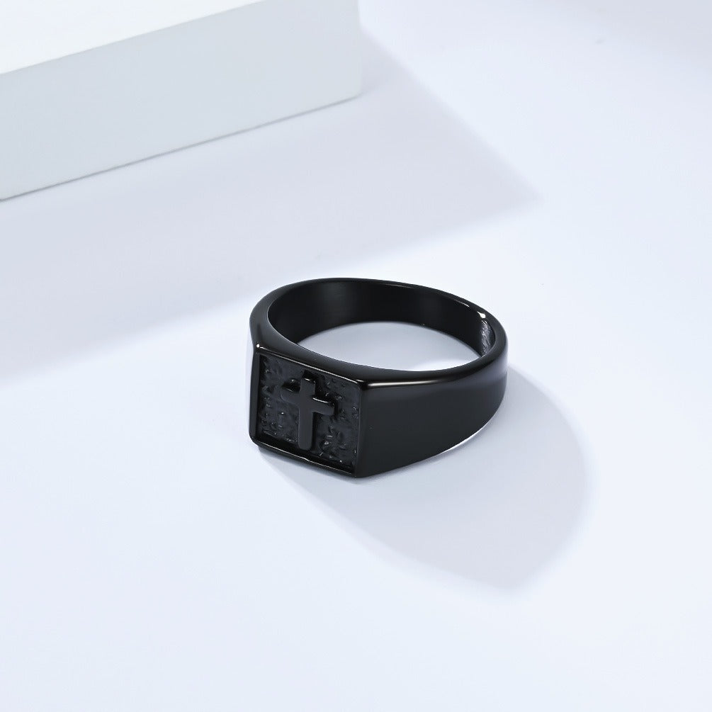Kemstone Men’s Titanium Steel Cross Signet Ring – Silver, Gold, Black K-R1047