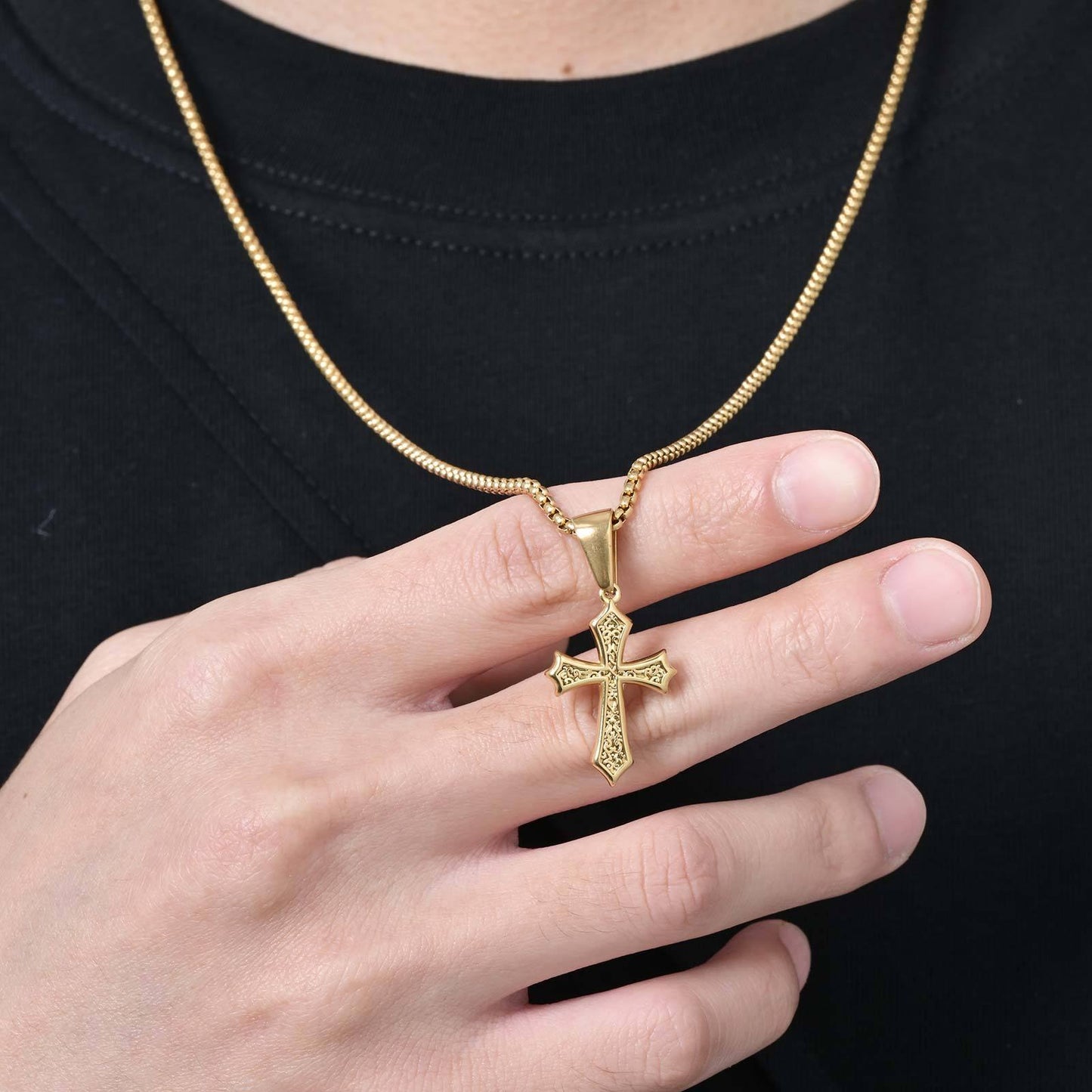 Kemstone Men’s Gothic Cross Necklace – Stainless Steel Pendant in Black, Silver, or Gold, Symbol of Faith & Power PN-2012