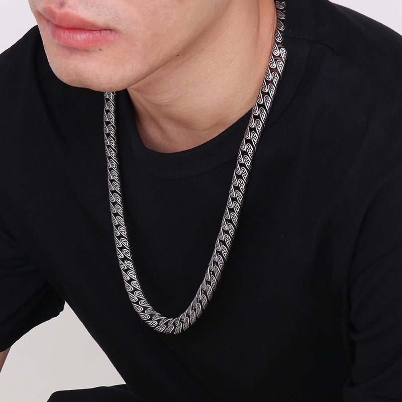 Kemstone Punk Vintage Distressed Geometric Buckle Men's Titanium Steel Inlaid Cubic Zirconia Cuban Chain Necklace KN232322