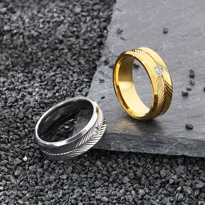 Kemstone Steel Feather Ring – Gothic Circle Band with CZ Stones for Men KR110876-GC