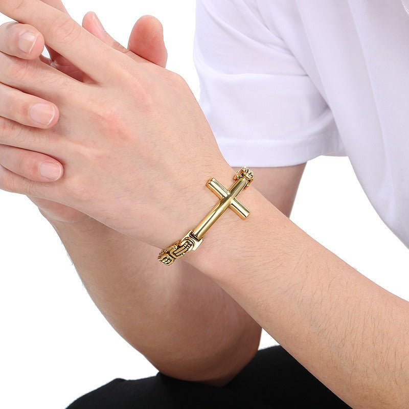 Kemstone Rock Revival Cross Cuff - Byzantine Chain Titanium Bracelet for Men with Vintage Gothic Motif KB190501